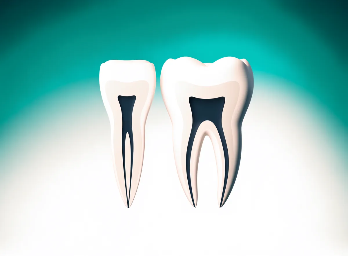 Comparación en corte de un diente frontal con un solo conducto junto a un molar con varios conductos curvos