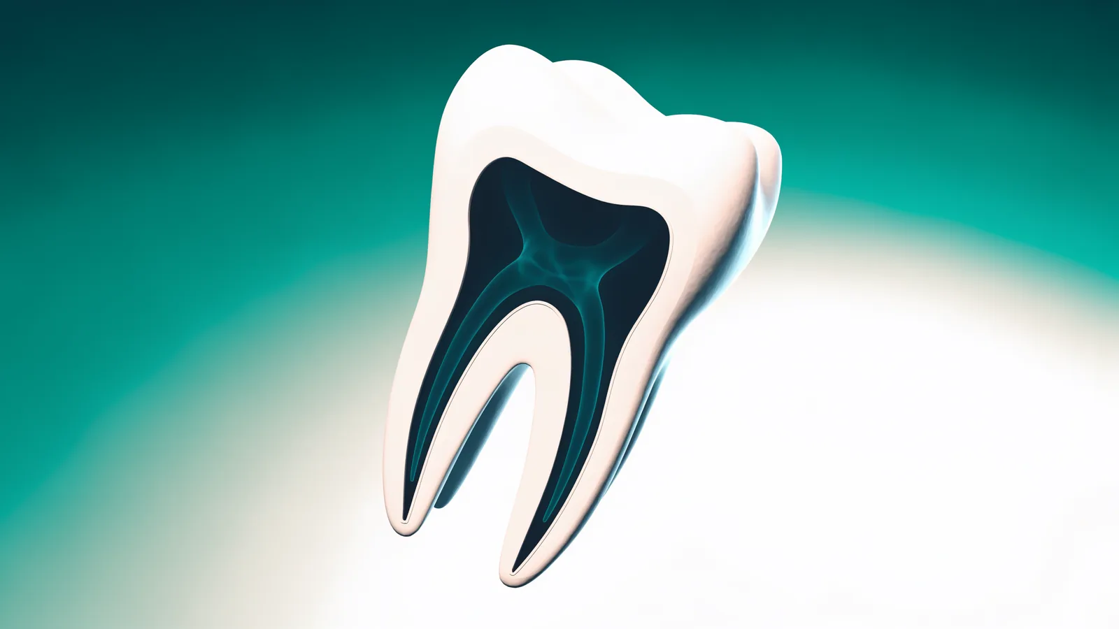 Ilustración 3D estilizada del corte transversal de un molar mostrando el sistema de conductos radiculares